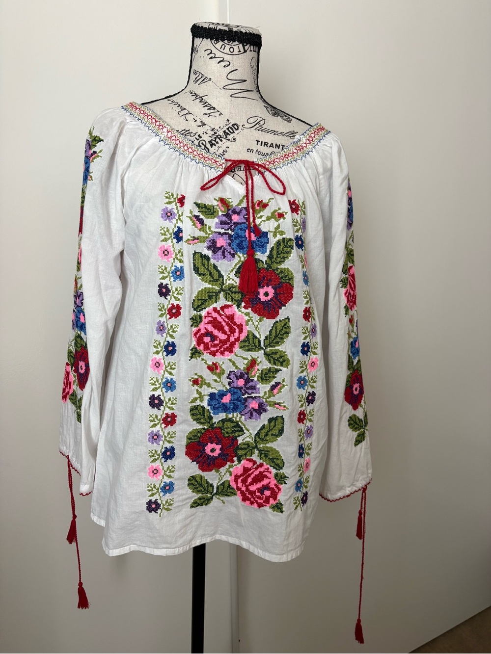 D.S. & Durga White Peasant Blouse with Red and Pink Floral Embroidery